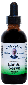 Dr. Christophers EAR & NERVE FORMULA EXTRACT, 2 oz. Dr Christophers Ear and Nerve Formula,herbs for ear nerve damage,herbs for hearing loss,B & B tincture
